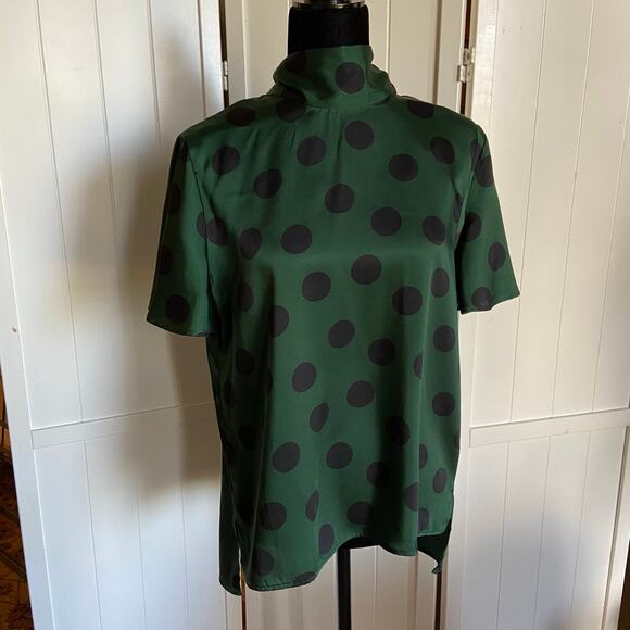 Zara Womens Blouse Size Medium Silky Polka‎ Dot Bow Necktie Green Black NEW - Picture 6 of 9